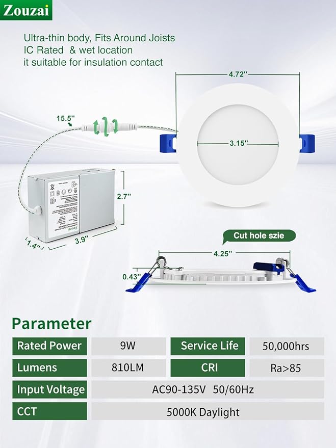 zouzai 20 Pack 4 Inch Ultra-Thin LED Recessed Ceiling Light with Junction Box 5000K Daylight Dimmable Can-Killer Downlight - ETL and Energy Star Certified