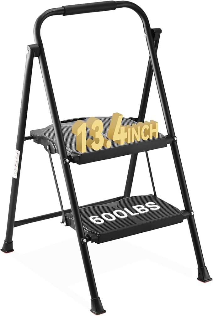 Extra Large & Wide 600lbs Step Ladder 2 Step Folding，Anti-Slip, Heavy Duty， Matte Black