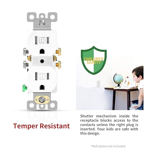 AIDA 10 Pack 15 Amp Outlet Duplex Electrical Receptacle Outlets,Power Outlet,Tamper Resistant,Heavy-Duty Receptacle, 2 Pole,3-Wire, Self-Grounding Clip, NEMA 5-15R,UL Listed,White