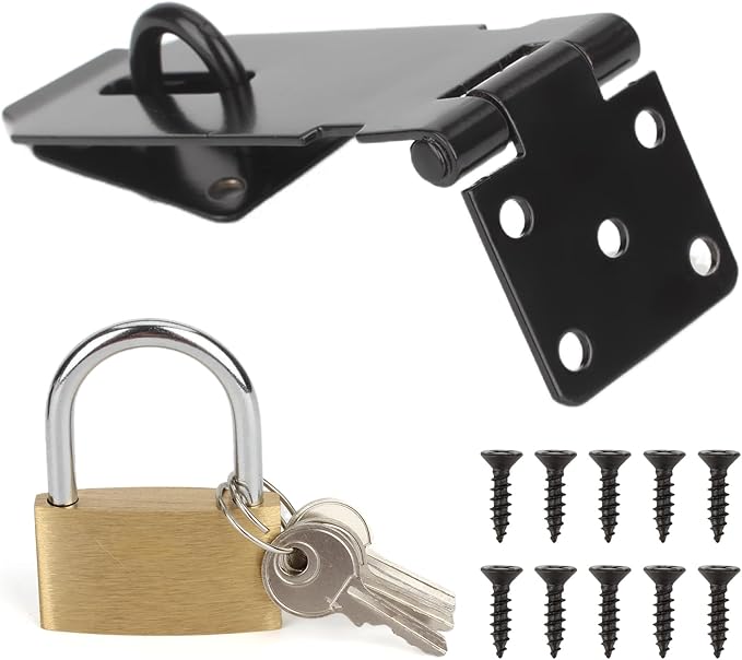 HOWDIA 180 Degree Hasp Lock Latch with Lock, 4 Inch Latch Lock with Screws and Padlock, Stainless Steel Pad Lock Latches Locking Latch Security Door Clasp Hasp for Shed/Gate/Storage Lock（Black）