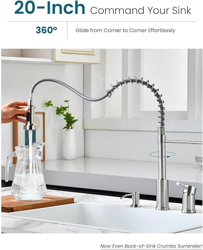 APPASO Kitchen Faucet 3 Holes, Brushed Nickel S304 Stainless Steel Spring 3 Piece Sink Faucets with Separate Side Handle, Pull Down Sprayer and Soap Dispenser, 2 Spray Modes and Easy-Installation