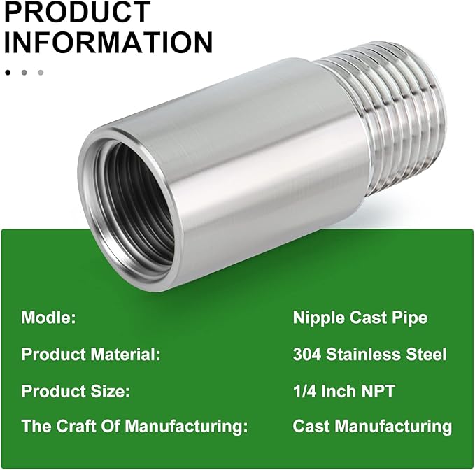 TAISHER 2PCS Stainless Steel Pipe Fittings, 1/4" NPT Male x 1/4" NPT Female Threaded, 2" Length Nipple Cast Pipe