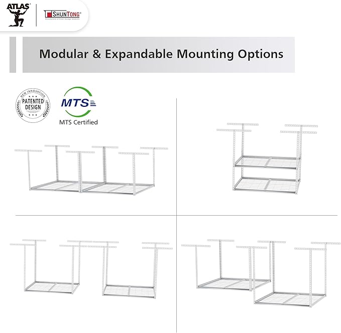 The Atlas 4 x 8 ft Adjustable Height Overhead Garage Storage Rack 900 lbs Heavy Duty Capacity White