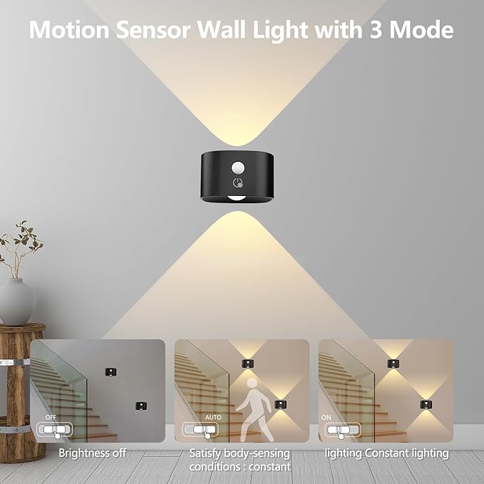 Motion Sensor Wall Sconces of 2PCS, Cordless Auto Motion Activated LED Wall Lights 360°Rotate& Rechargeable Battery Operated, 3 Brightness, Indoor Motion Detection Wall Lamps for Hallway Stairway