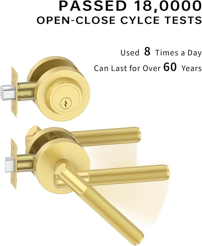 Asidrama Premium Brushed Gold Zinc-Alloy Front Door Lock Set: Double Cylinder Deadbolt, Heavy Duty Security Handleset for Left/Right Exterior Doors, Universal Entry Locks (2 Pack)