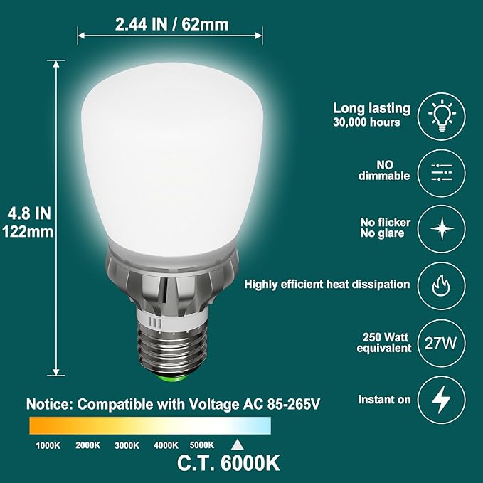 A19 LED Light bulbs, 3670 Lumens E26 LED Bulb, 250W Equivalent LED Light Bulb, 6000K Cool Daylight White Light Bulb Non-Dimmable, 22-Year Lifetime, 27W Energy Saving Light Bulb for Home Office Garage