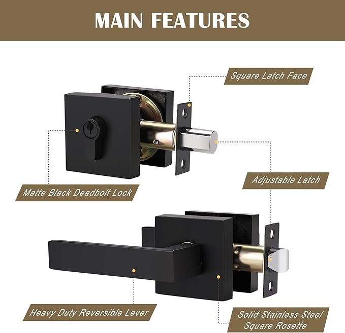 2 Pack Keyed Entry Door Lock with Deadbolt Set, Reversible Passage Lever and Keyed Alike Single Cylinder Deadbolt, Matte Black Square Handleset for Bedroom, Front Door