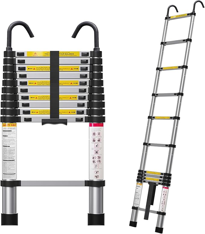 Molong 10.5ft telescoping Ladder Multi-Purpose Collapsible Ladder with Hook, Aluminum Extension Ladders for Home, Folding Telescoping Ladder for RV, Attic, Daily Use at Home, 330 lbs