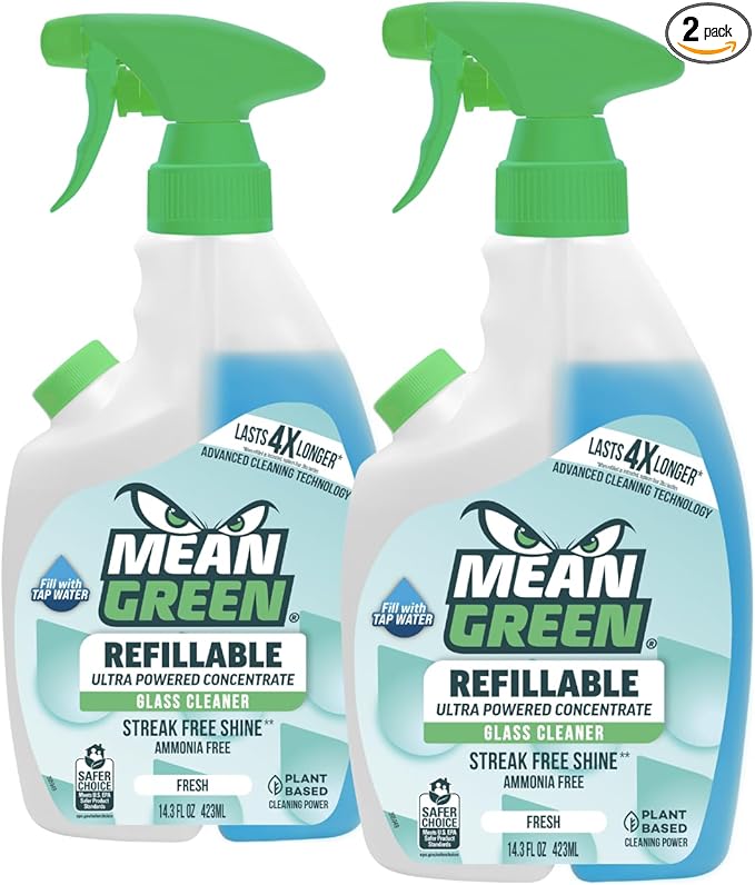 Mean Green Refillable Ultra Powered Glass Cleaner Concentrate, Fresh Scent, 14.3 fl oz (2-Pack) – Plant & Mineral Based, Streak-Free Shine, Refillable Bottle Makes 4X Refills