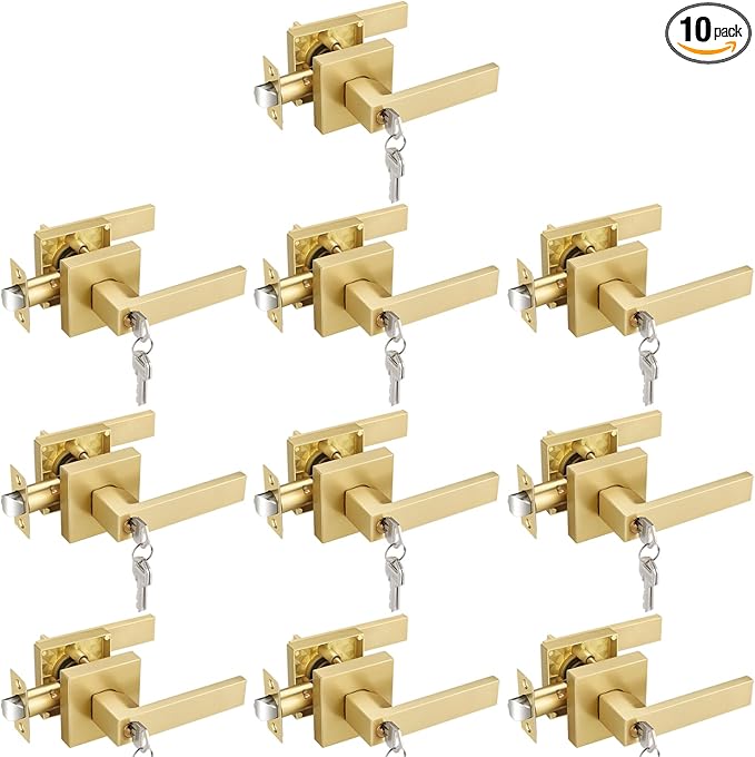 EHOMEWARE 10 Pack Gold Entry Door Levers with Keys Exterior Door Handles in Satin Brass Finish, Bedroom Bathroom Interior Door Handles & Front Exterior Door Levers, Contractor Pack