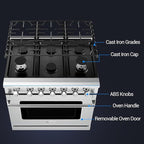 AAOBOSI 36 Inch Front Control Gas Range Oven with 6 Cooktop Burners, 6 Cu. Ft 18000 BTU Convection and Self Clean, Freestanding Heavy Duty Gas Range Stove with Halogen Light,Large Capacity,Silver