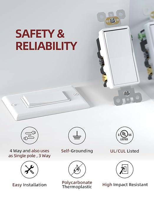 AIDA 4 Way Switch Decorative Light Switch, 15Amp, 120/277 Volt, AC Decorator Rocker Switch, Wall Plate Included, Self-Grounding, Residential and Commercial Grade, UL Listed (20 Pack, Glossy White)