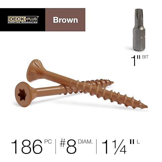 Deck Plus 1-1/4 Inch Epoxy Coated Exterior Wood and Fence Screws #8 x 1-1/4" Torx/Star Drive Included Coarse Thread, Outdoor Rust Resistant Decking Screw, Brown, 1lb Box, 186 Pieces | 49000