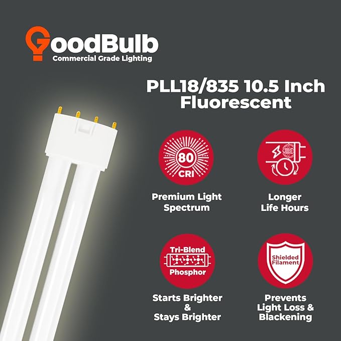 GoodBulb PLL18/835 18W 10.5" Twin Tube Compact Fluorescent Light Bulb 4-pin 2G11 Base 3500K Neutral White 1050 Lumen 36000 Hour Long Life Biax Pack of 10