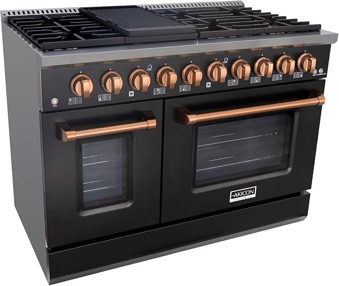 Akicon 48 Inch Freestanding Gas Range - 6.7 cu. ft. Double Rapid Convection Gas Oven - Gas Stove with 8 Sealed Burners & a Griddle, Heavy Duty Cast Iron Grates (Black & Copper)