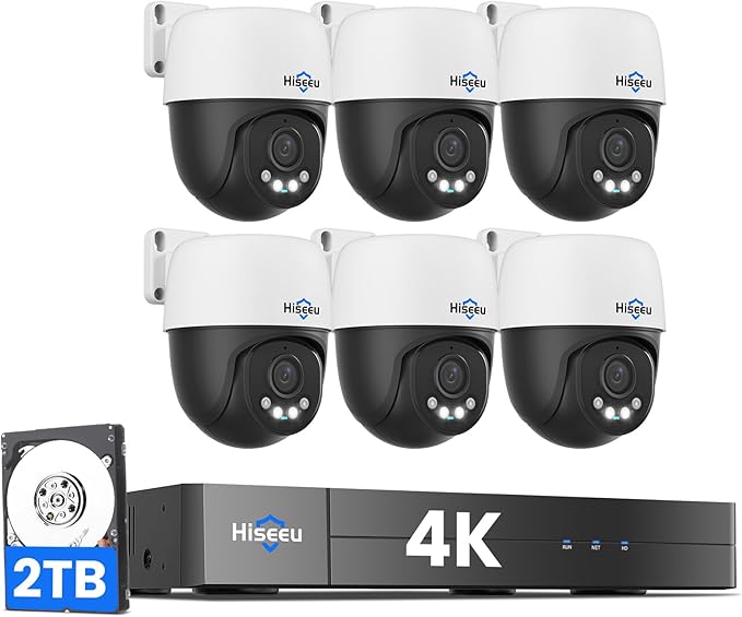 【4K HD+360°View】 Hiseeu 4K PoE Security Camera System, 6 Pcs 8MP PTZ Wired Security Camera Outdoor&Indoor, Auto Human Tracking, Free Remote Access, 2 Way Audio, Plug and Play, 2TB HDD for 7/24 Record