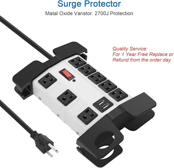 CCCEI Heavy Duty Power Strip with USB, Workshop 8 Outlet Surge Protector 2700 Joules, Industrial Metal 15Amp Power Strip, 20 FT Extension Cord and Wide Spaced Grey.