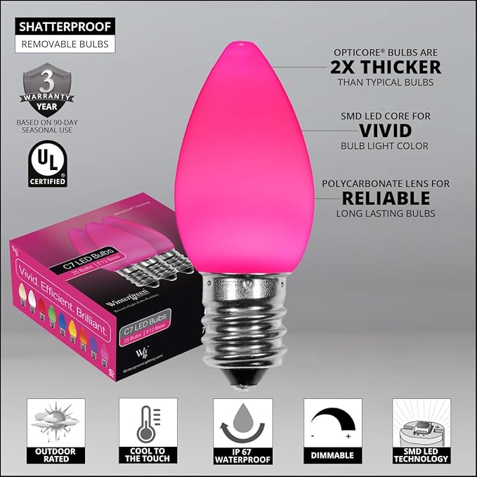 Wintergreen Lighting 25 Pack OptiCore C7 Pink Smooth Finish LED Christmas Light Bulbs, Heavy Duty E12 Base Outdoor Christmas Lights Replacement Bulbs, Valentine’s Day Lights