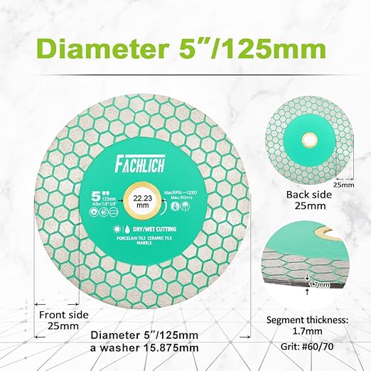 Diamond Tile Blade 5" 125mm for Cutting and Grinding Porcelain Ceramic Tile Marble Artificial Stone