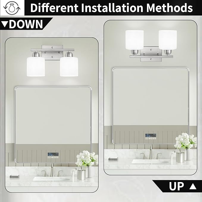 Brushed Nickel Bathroom Light, 2 Light Bathroom Vanity Light Brushed Nickel, Vanity Lamp with Milky White Frosted Glass Shades, E26 Socket