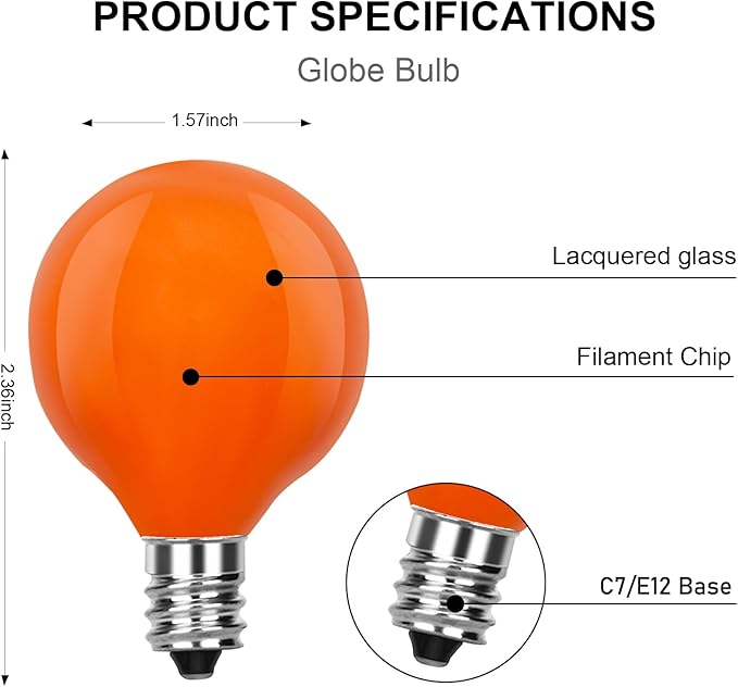 Orange G40 Replacement Bulbs, 25 Pack Halloween G40 Globe Light Bulbs for Indoor Outdoor String Lights, E12/C7 Candelabra Base, 5W Incandescent Night Light Bulbs
