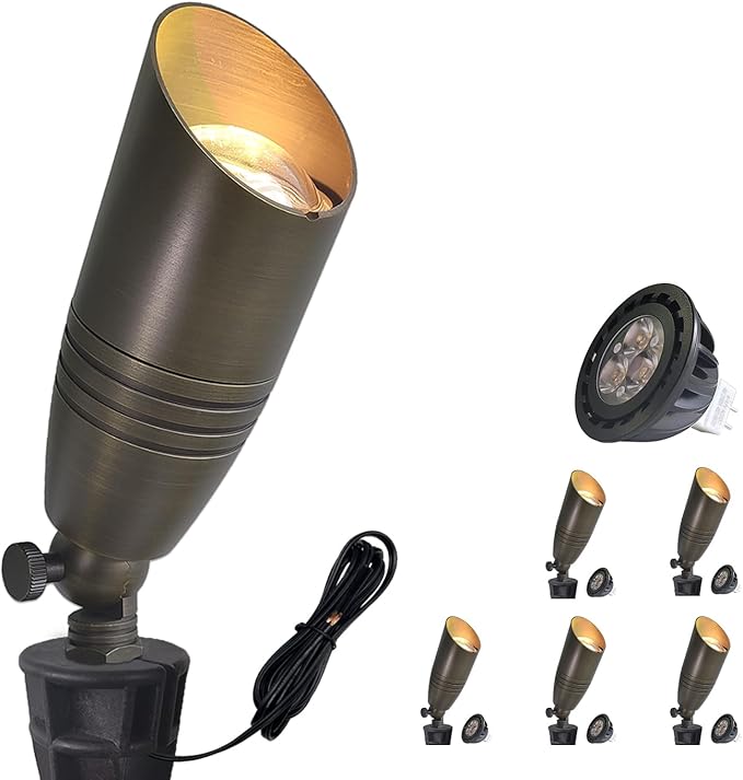 COLOER Brass Landscape Spotlights, 6 Pack Landscape Light Fixture with 5W Aluminum Housing MR16 LED Bulb 2700K 450LM,12V AC/DC Low Voltage Outdoor Spot Lighting,Uplight for Garden and Patio(102B)