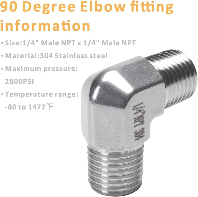 90 Degree Street Elbow - 1/4" NPT Male to 1/4" NPT Male Stainless Steel 304 Heavy Duty Forged Barstock Street Elbow Adapter Pipe Fitting (pack of 2)