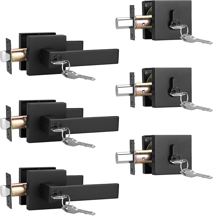 3 Pack Keyed Entry Door Lever and Single Cylinder Deadbolt Set, Keyed Alike Reversible Lockset, Matte Black Square Interior/Exterior Handleset for Bedroom, Front Door