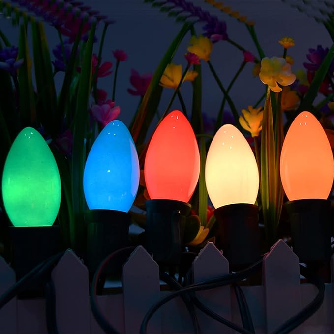 SUNSGNE 25 Pack C9 Multicolor Christmas Light Bulbs, C9 Ceramic Multicolor Incandescent Replacement Bulbs for Outdoor Vintage Christmas String Light, E17/C9 Intermediate Base- 7 Watts