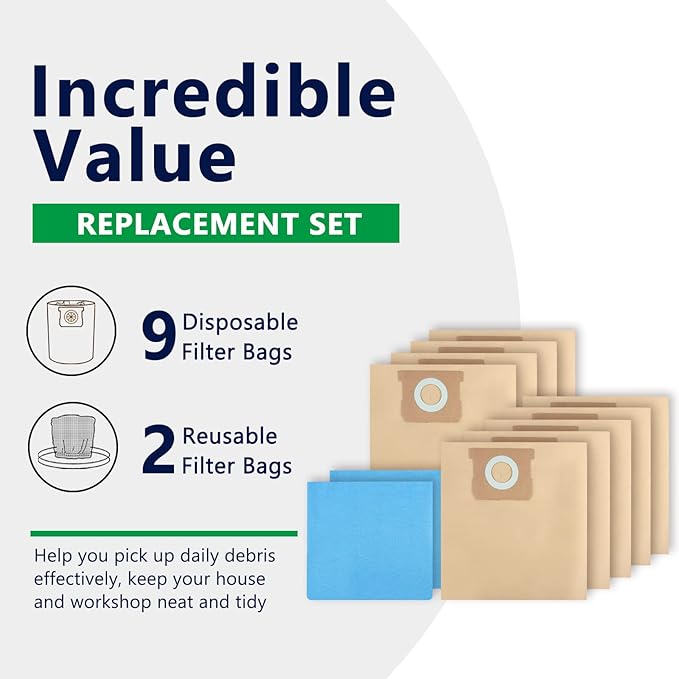 KEEPOW Pack 11(9+2) 19-3100 Shop Vac Bags Fit for Stanley 5-6 Gallon Wet/Dry Vacuums, Disposable Filter Vacuum Bags for Stanley