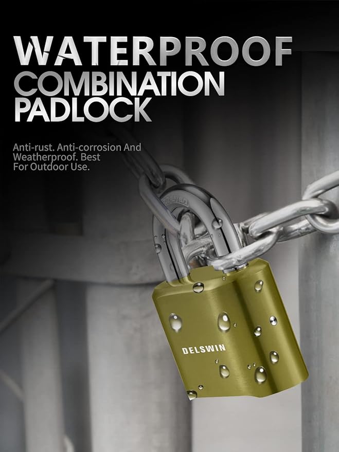 DELSWIN 4-Digit Combination Lock Outdoor Padlock - Heavy Duty Locker Lock with Hardened Steel Shackle, Waterproof Combo Lock for Gym Locker, Hasp Storage, Shed, Fence, Gate (Brass,1Pcs)