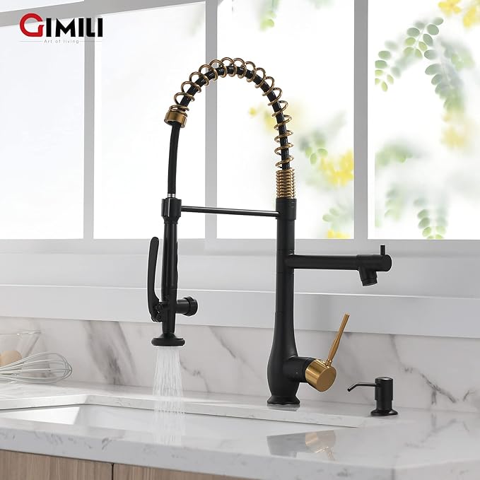GIMILI Commercial Kitchen Faucet with Pull Down Sprayer, Double Headed Single Handle High Pressure Kitchen with Soap Dispenser Matte Black&Gold