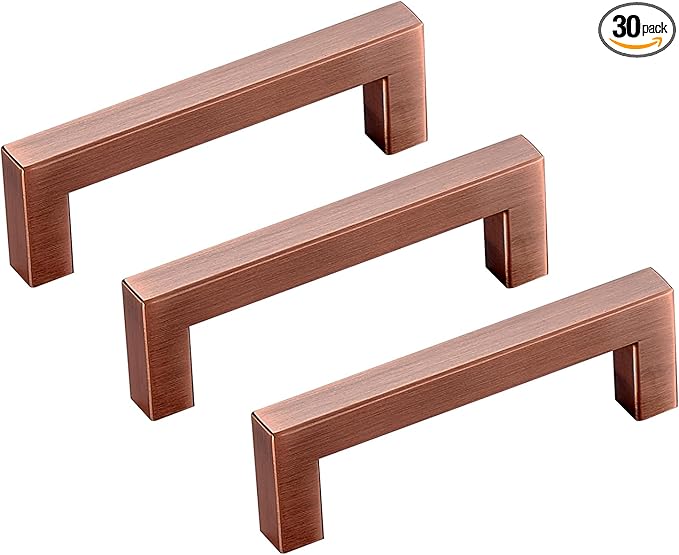 30 Pack Antique Copper Cabinet Pulls 5 Inch Hole Centers Stainless Steel Square Cabinet Handles Copper Drawer Pulls Kitchen Handles Hardware