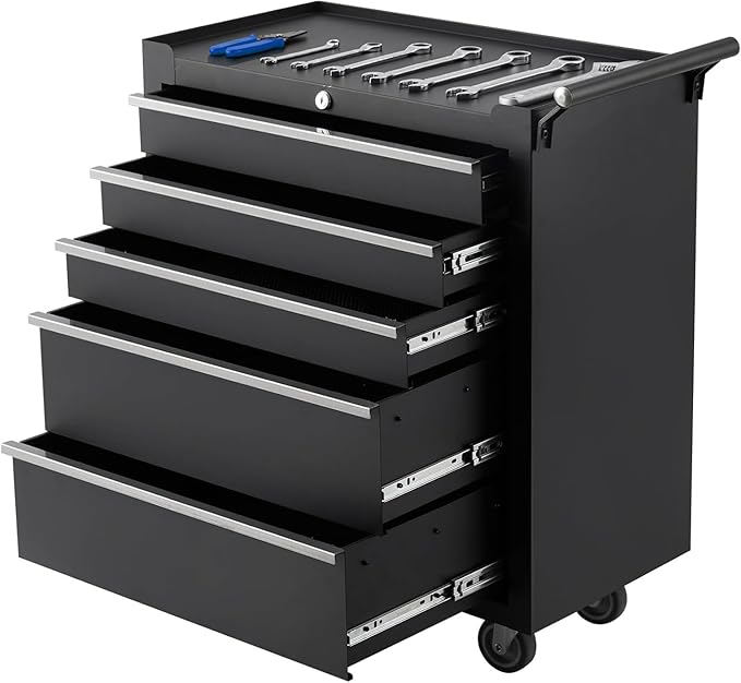 Garvee Rolling Tool Chest, 5 Drawers Tool Storage Cabinet, Toolbox with Wheels, Portable Tool Cabinet Organizer with Locking System & Drawer Liners, Tool Storage Cart for Garage, Workshop, Black