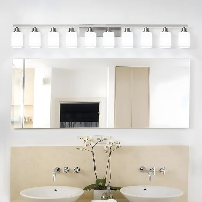 10-Light Bathroom Vanity Light Brushed Nickel,64.5in Vanity Lights with Square Frosted Glass,Modern Bathroom Wall Lights Fixtures Over Mirror,Wall Sconces Lighting for Bedroom Living Room,E26
