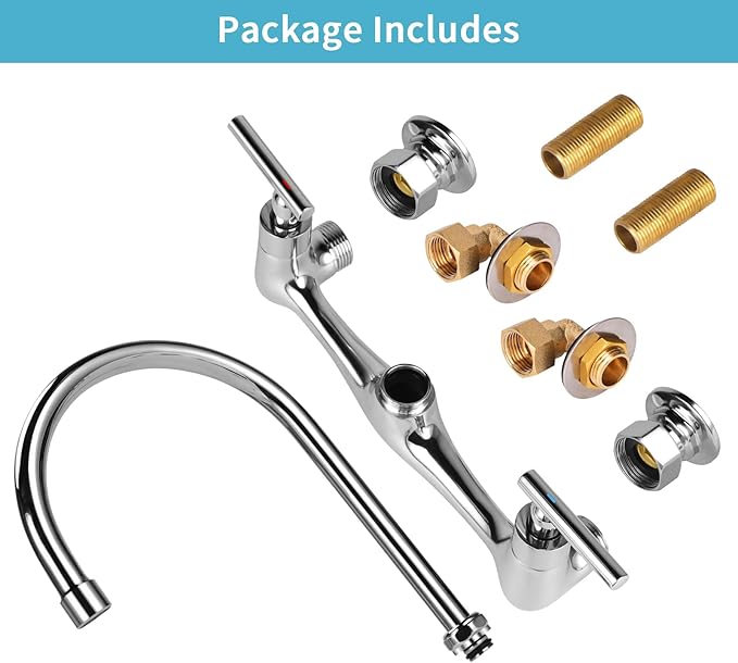 Wall Mount Kitchen Faucet with 8" Gooseneck Swivel Spout, 8 Inch Center Commercial Kitchen Sink Faucet 2 Handle Wall Mount Utility Sink Faucet for Kitchen Restaurant Compartment Sink