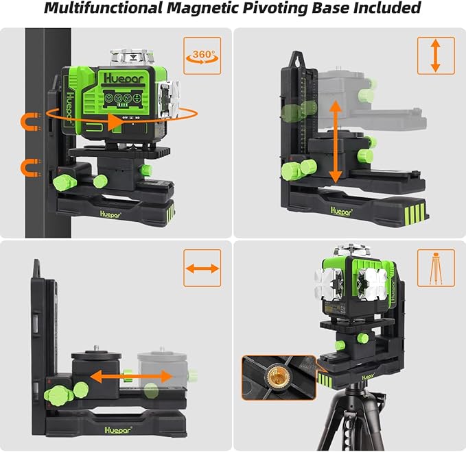 Huepar 12V 4x360 Laser Level Self Leveling with Bluetooth and Remote Control, 4D Green Cross Line Laser, 16 Lines Lazer Leveler Tool for Construction, Upgrraded Bracket, Removable Battery P04CG