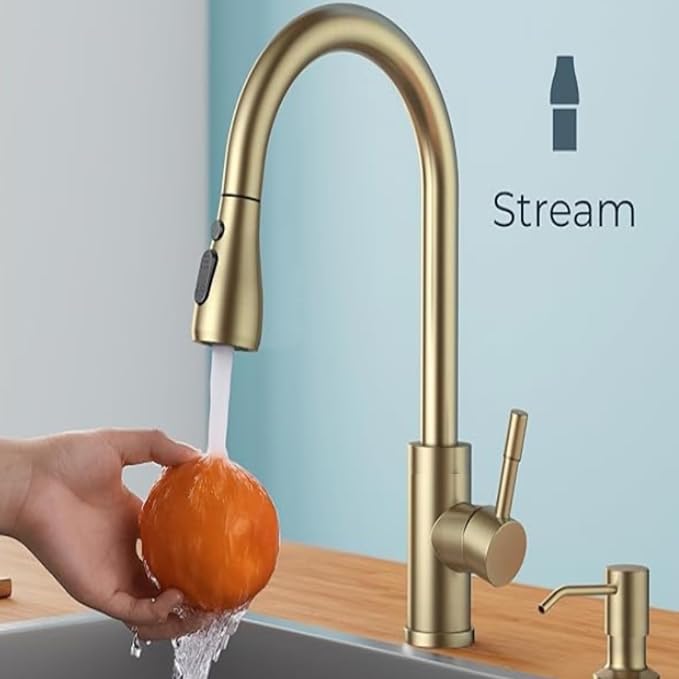 Smart Touch On Kitchen Faucet, 3 Modes Pull Down Sprayer, Sensor Activated, Ceramic Disc Valve, 360-Degree Rotation, 1 or 3 Hole Deck Plate. 10-Year Warranty. (KW-69J, Gold)