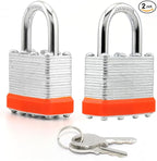 LanuBe Lock Laminated keyed Padlock (1-9/16", 40mm), keyed Alike Locks, Normal Shackle,Marked Orange Plastic Hoop, Pack of 2