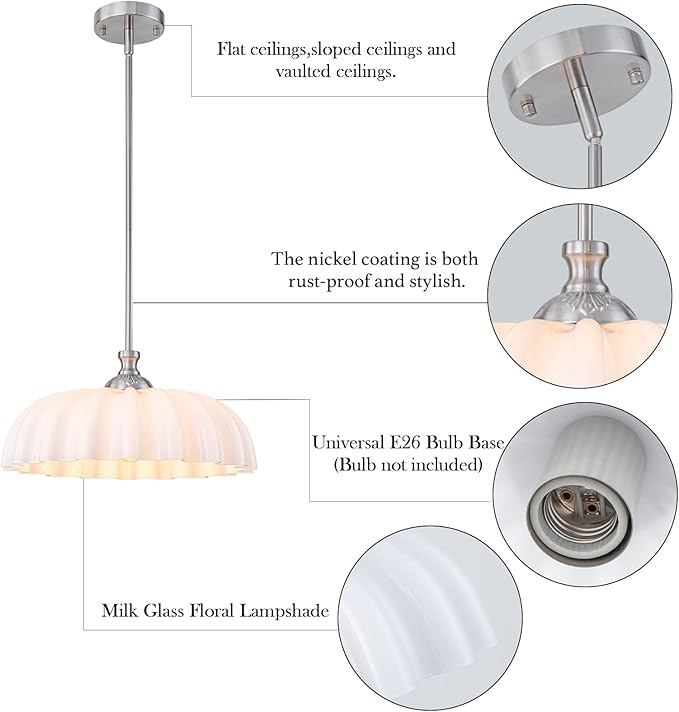 15.7" Vintage Flower Brushed Nickel Chandelier - Adjustable Height White Milk Glass Shades Pendant Light Fixture for Kitchen Island, Dining Room, Bedroom