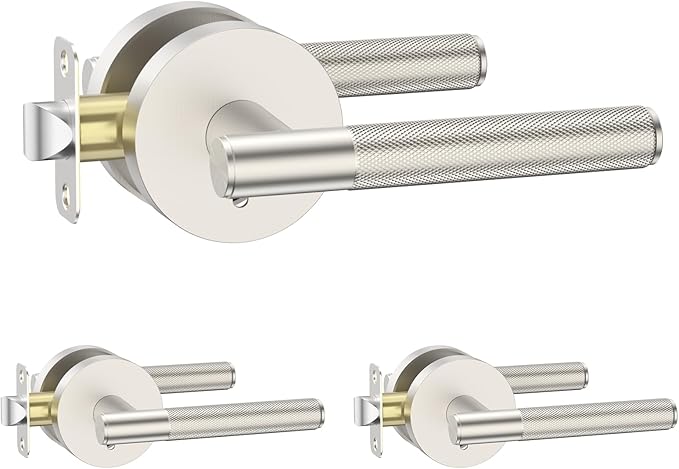 Amerdeco 3 Pack Brushed Satin Nickel Door Handles Interior, Knurled Privacy Door Handles,Heavy Duty Black Door Lever for Bedroom or Bathroom,Reversible Keyless for Left Right Handed Doors AM0016