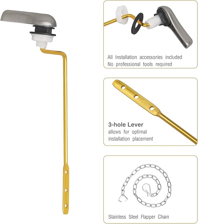 Toilet Handle Replacement Kit - Side Mount Toilet Trip Levers with Seal Gasket and Nut, Stainless Steel Flapper Chains, Universal Replacement (Brushed Nickel)