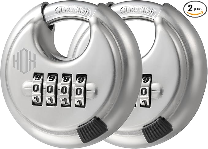 HOX Combination Lock, 4 Digit Disc Padlock with 3/8 Inch Hardened Steel Shackle, 2-3/4 Inch Wide Body, Keyless Heavy Duty Combo Lock for Hasp Latch, Sheds, Fences, Storage Locker (2 Pack)
