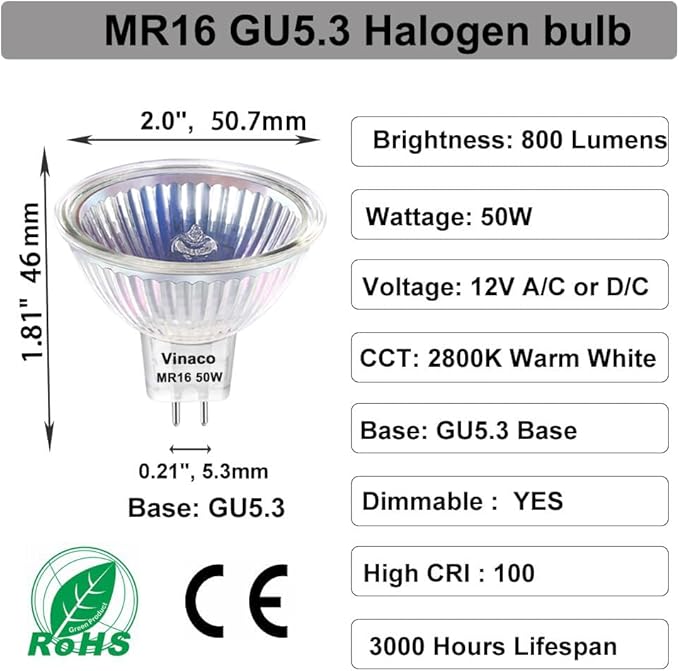 Vinaco MR16 Bulb，10Pack MR16 Halogen Bulb 50W GU5.3 Base, 800LM High Output MR16 12V 50W Halogen, 2800K Warm White MR 16 Dimmable with Clear Glass Cover, MR 16 GU5.3 for Landscape, Track Lights
