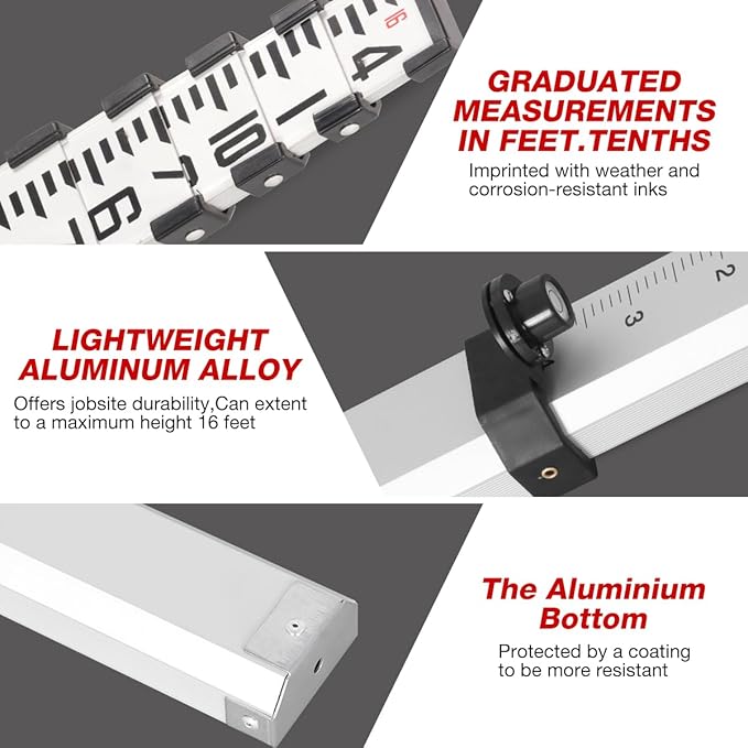 16-Foot Aluminum Grade Rod - 10ths Double-Sided Scale, 5-Section Telescopic Leveling Rod with Bubble Level & Carrying Case for Surveying, Laser Alignment, Walls, Floors