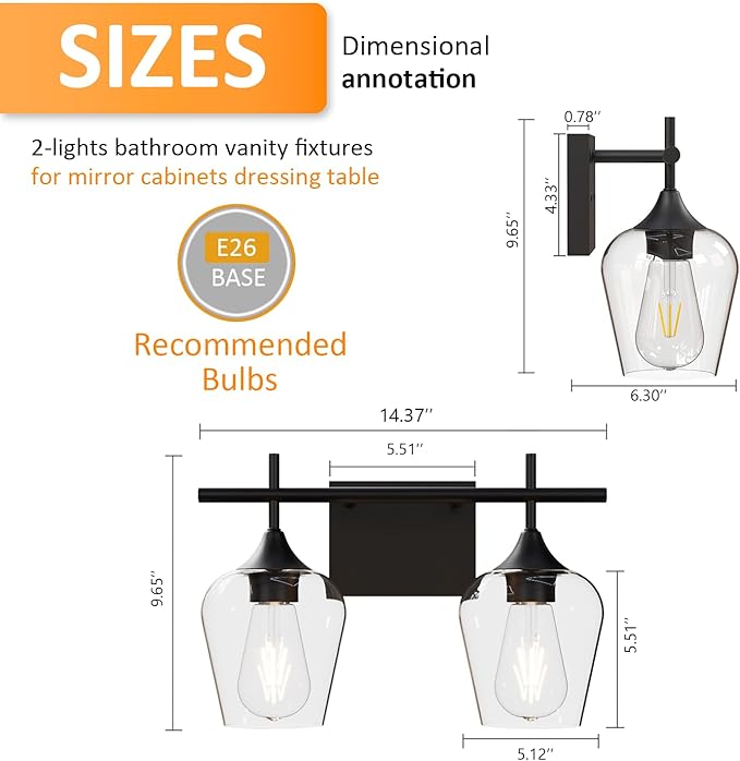 Vanity Bathroom Light, 2-Light Bathroom Light Fixtures Over Mirror, Black Vanity Lights for Bathroom with Clear Glass, Modern Wall Lamp for Cabinet Hallway, Bedroom