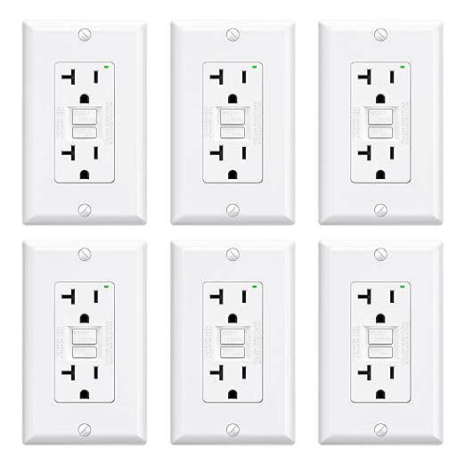 ELEGRP GFCI Outlet 20 Amp, Self-Test GFI Electrical Outlet with Narrow Design, GFCI Receptacle with LED Indicator, UL Listed, White, Wall Plate Included, 6 Pack