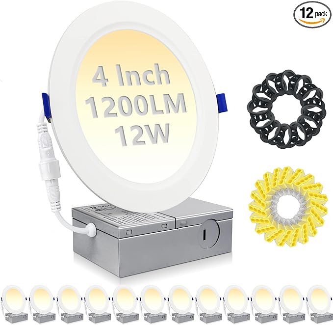 HiBay 12 Pack Canless LED Recessed Ceiling Lights 4 Inch, 1200LM 12W=150W, 5CCT Ultra-Thin Recessed Lighting, Dimmable Wafer Downlight Fixtures - ETL and Energy Star Certified