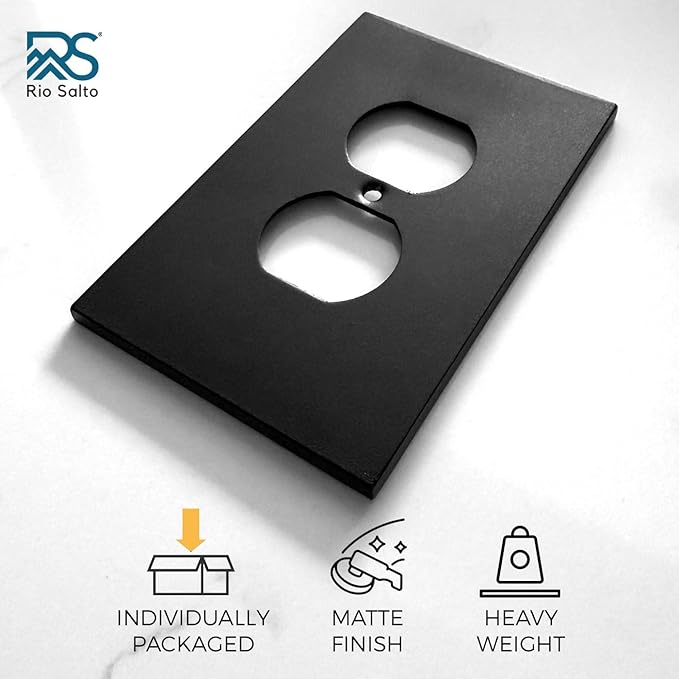 RIO SALTO Modern Metal Matte Black Wall Outlet Cover Outlet Cover Duplex or Light Switch Cover Plug Wall Plate Electric Outlet Covers Black Receptacle Electrical Switch Covers - Midsize 1 Gang 5-Pack