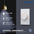ELEGRP Digital Rotating Dimmer Switch for Dimmable LED, CFL and Incandescent Light Lamp Bulbs, Single Pole / 3-Way Rotary Dimmer Switch, Wall Plate Included, UL Listed (1 Pack, Matte White)